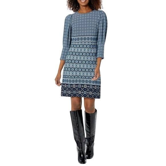 VINCE CAMUTO Casual Stretch Blue Geometric Long Sleeve Dress Women's Size 8 - Picture 1 of 16